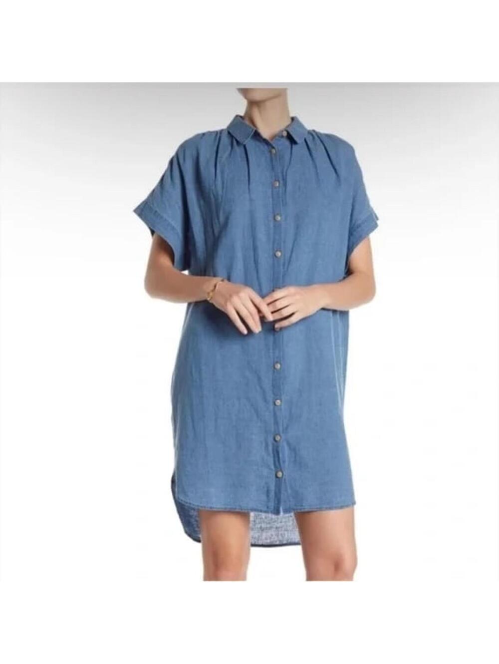 Madewell Linen Blend Chambray Shirt Dress Blue Button Front Casual Tunic XS